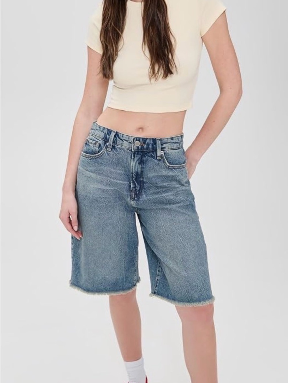 Good American Light Blue Relaxed Denim Bermuda Shorts